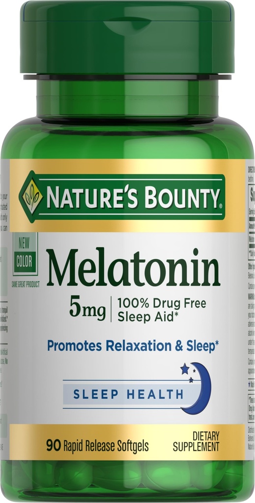 Dabas Bounty Melatonin, 100% zāļu bezmaksas miega palīglīdzeklis, uztura papildinājums, veicina relaksāciju un miega veselību, 5mg, 90 softgels (iepakojums no 1)