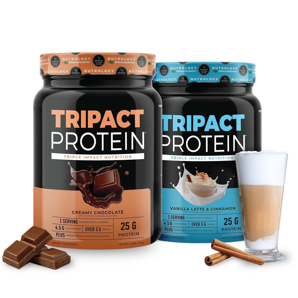 Nutroloģija TRIPACT Protein - Piem. Uzturs Shake - ne-GMO Zāle Sūkalu Proteīns, Augu proteīni, Zaļie,Superfoods & Probiotikas - 5g BCAAs - Krēmja Šokolāde & VanillaLatte w/Cinnamon 1.5lb Katrs