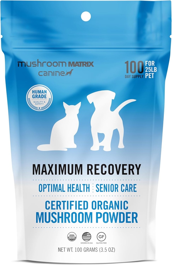 Om Mushroom Matrix Pet - Suņu maksimālā atkopšana - ASV Audzēti Organiskie Sēņu Pulveris Pet Papildinājums - Optimāla Veselības & Senioru Aprūpe Suņiem & Kaķiem -100 Grams, 3.5 oz