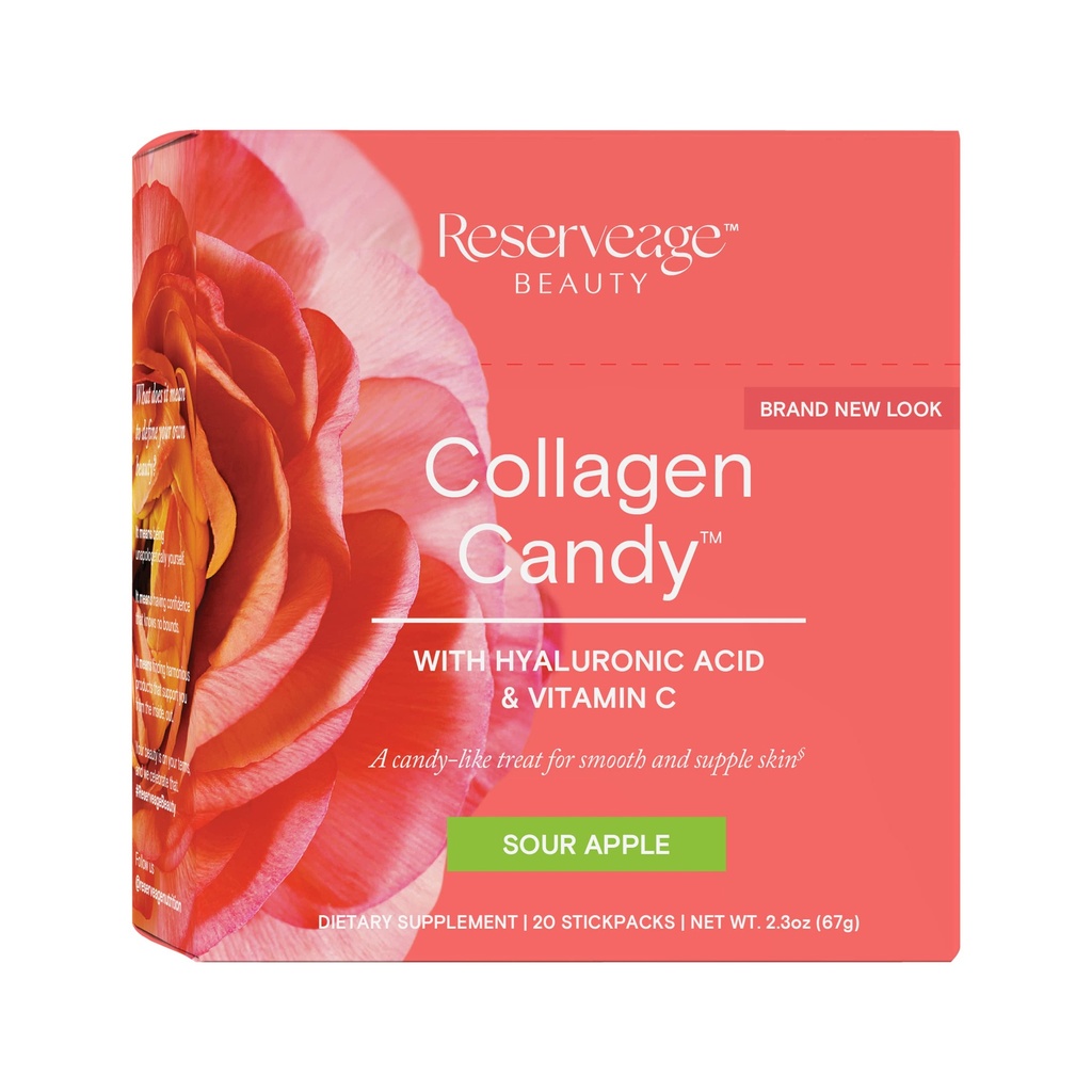 Reserveage Nutrition Collagen Candy, kolagēna papildinājums ādas kopšanai, matu augšanai, kolagēna pastiprinātājs nagu kopšanai, atbalsta elastīna ražošanu, Paleo un Keto, skābo ābolu, 2.3 Ziedes (20 Kalpo)