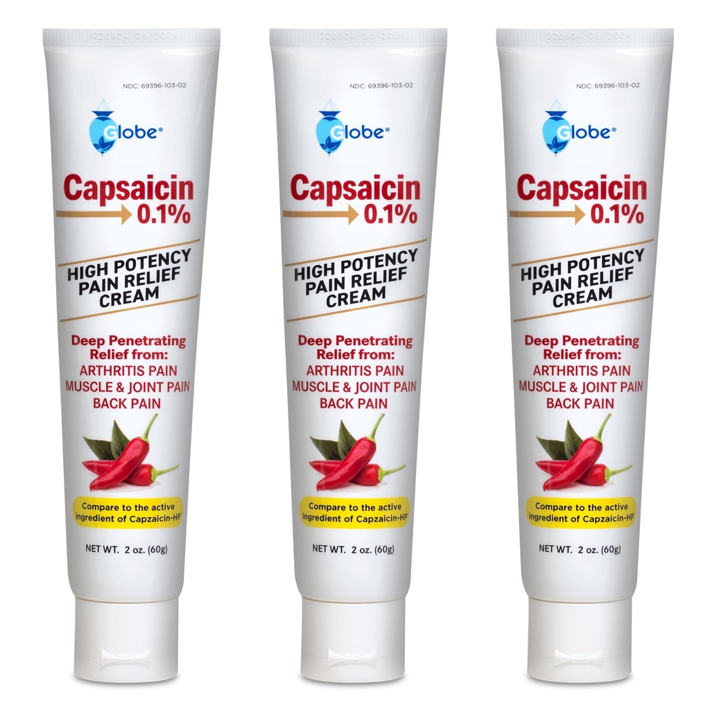 Globuss (3 Pack) kapsaicīns 0, 1% Augsta potence sāpes Relief Cream, Unscented (2 oz) Deep Penetrating Relief no: artrīts, muskuļu, locītavu un muguras sāpes