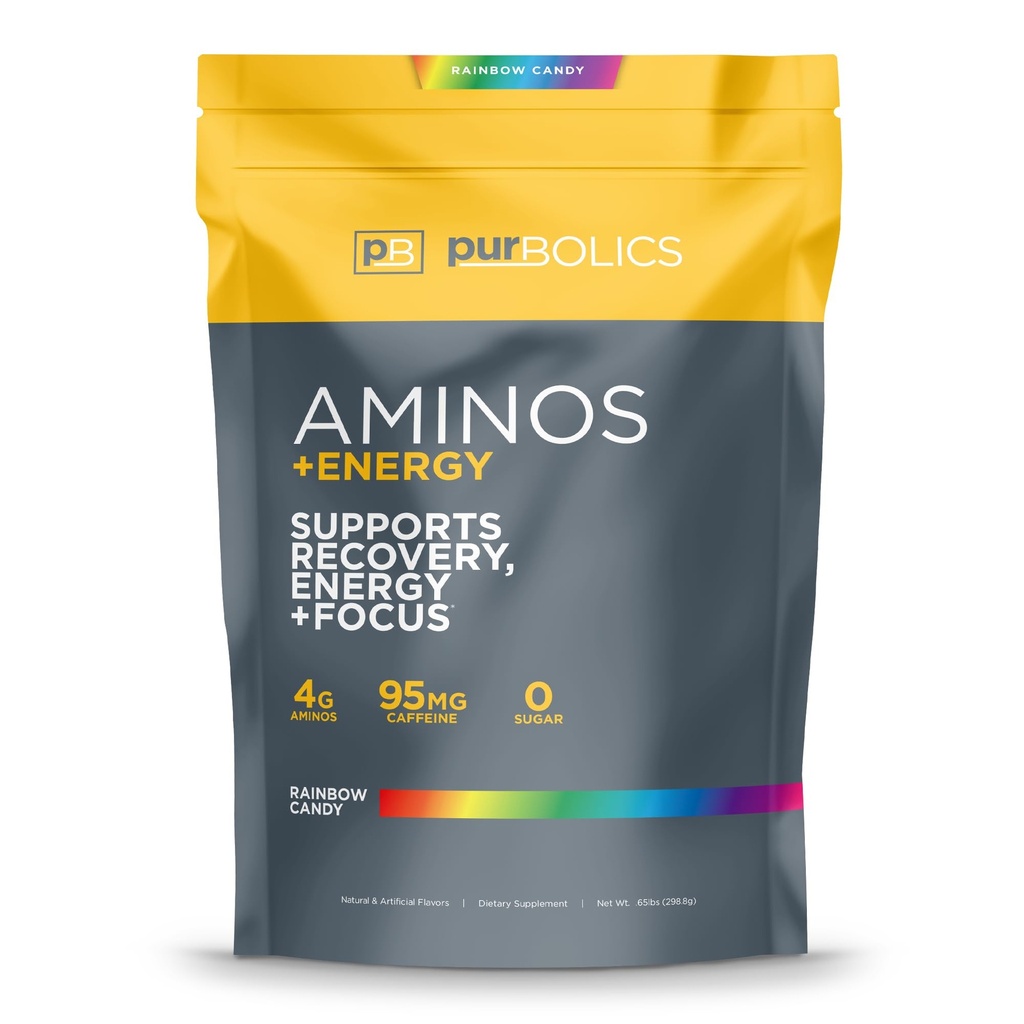 Purbolics Aminos + Enerģija ” Atbalsta Atveseļošanās, Enerģija & Fokuss ” 95mg kofeīna, 0 Cukura un 60 Kalpošanas (Rainbow Candy)