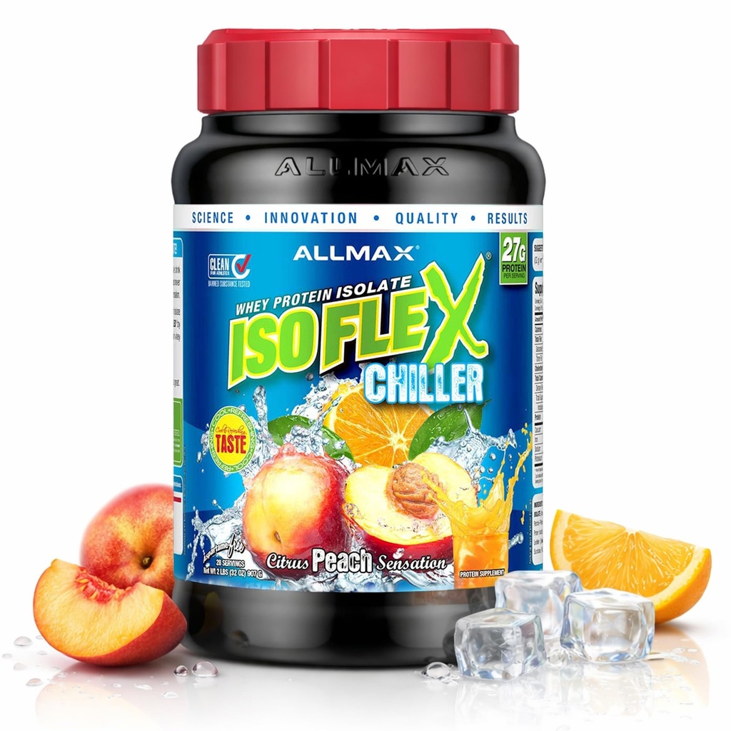 ALLMAX Nutrition ISOFLEX Chiller, Citrus persiku sensācija - 2 lb - 27 Olbaltumvielu grami uz kausiņu - Nulle tauku un cukura - 99% Bez laktozes - aptuveni 28 Kalpo