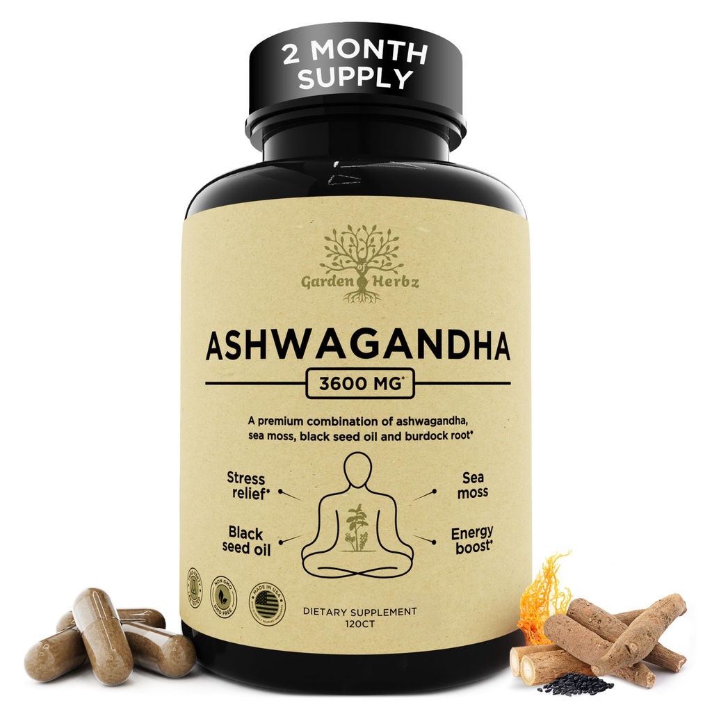 Organic Ashwagandha Root & Irish Sea Moss – 3600 mg Ashwagandha Papildinājums ar melno sēklu eļļu, & Bērda Saknes – Augu papildinājums enerģijai, Calm, Mood, & Wellness, 120 Caps