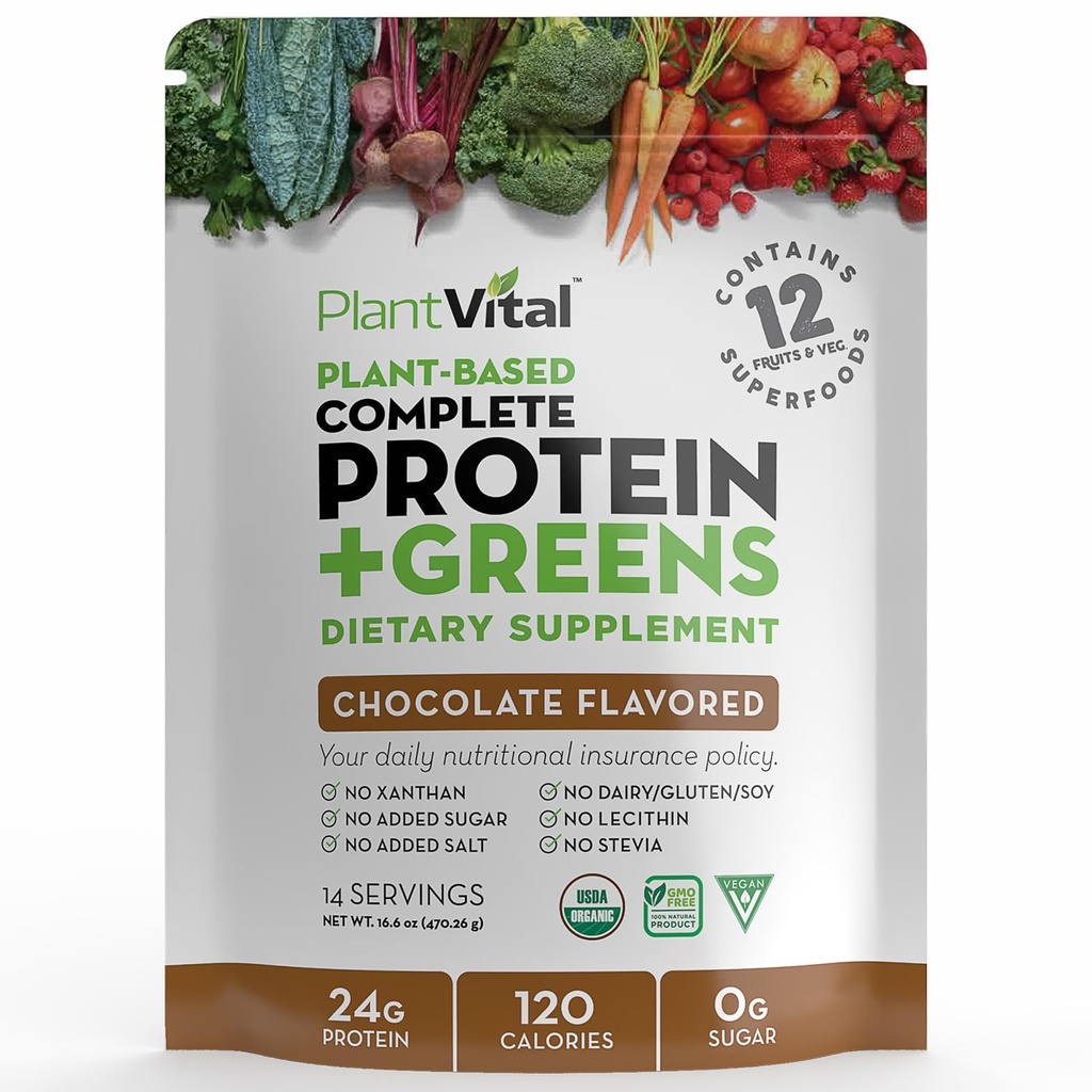 Plantvital Vegan Protein Powder Plant Based, Organic Protein Powder Chocolate 24g/0g Cukurs, 12 Superfoods, Veggies, Probiotikas, Raw Cocoa, Kale, Beets, Spirulina, Pea, Gluten-Free, Keto-Friendly,16oz