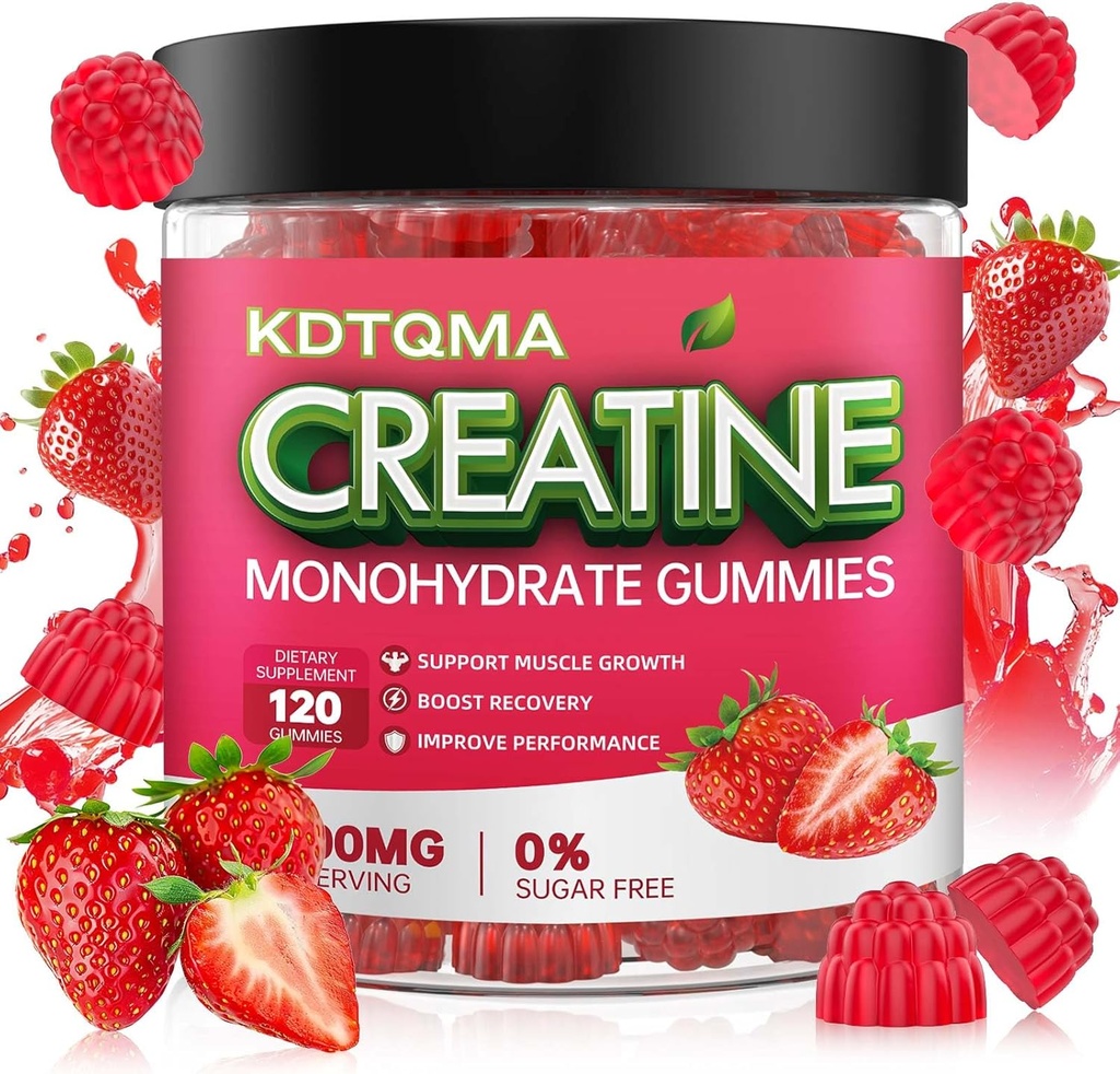 Kreatīna monohidrāts Gumijas vīriešiem un sievietēm 120 CT - 5600mg kreatīna monohidrāta uz vienu kalpotāju, košļājamā kreatīna monohidrāts muskuļu atbalstam un enerģijai Boost, bez cukura, vegan (Zemeņu liesma)