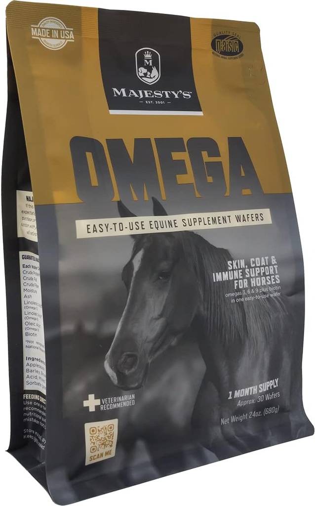 Majestātes omega vaferi - Superior Horse / Equine Skin, Coat, and Immuno Support Papildinājums - Omega 3, 6, 9 un Biotīns - 30 grāfs (1 mēnesis piegādes)