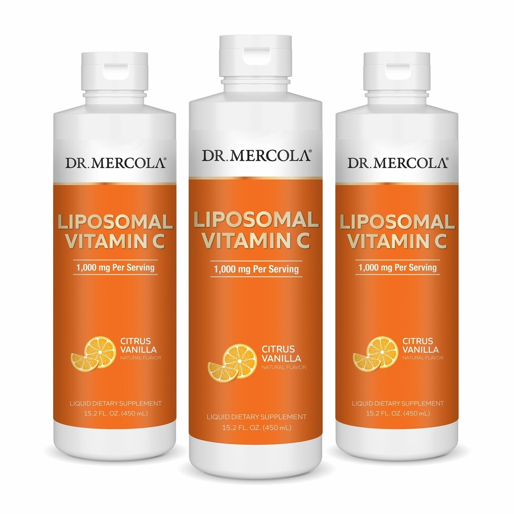 Dr. Mercola Šķidrais Liposomālais C vitamīns - Antioksidants un imūnā atbalsta papildinājums - Ietver E vitamīnu - bez ĢMO, bez lipekļa un bez sojas - Citrus Vanilla Flavor - 450 ml (30 Servējumi) - 3 iepakojumi