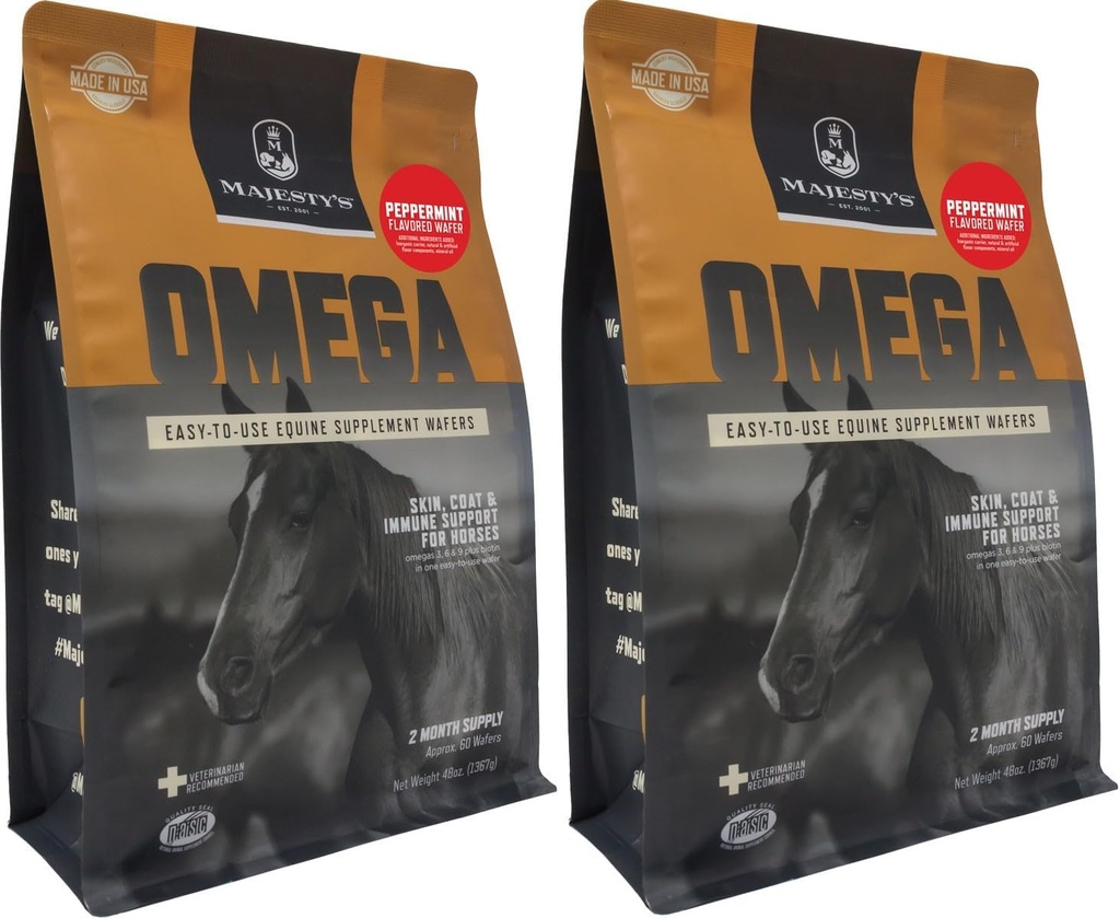 Majestātes Omega vaferi - Superior Zirgu/zirgu ādas, apvalki un Imūnsupporta papildinājums - Omega 3, 6, 9 un Biotīns (Peppermints, 2 iepakojumi (120 grāfi kopā))