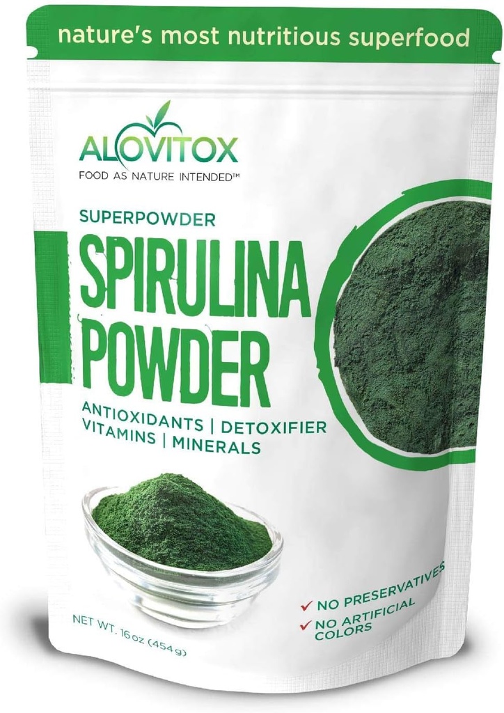 Alovitox Organic Spirulina pulveris ” Nutrient Dense Superfood ar antioksidantiem, proteīniem, A un B vitamīnu, Fiber, Omegas 3, 6 & 9-100% Organic, bez piedevām/krāsvielām, bez glutēna, veganu, ne-ĢMO (1 lb)