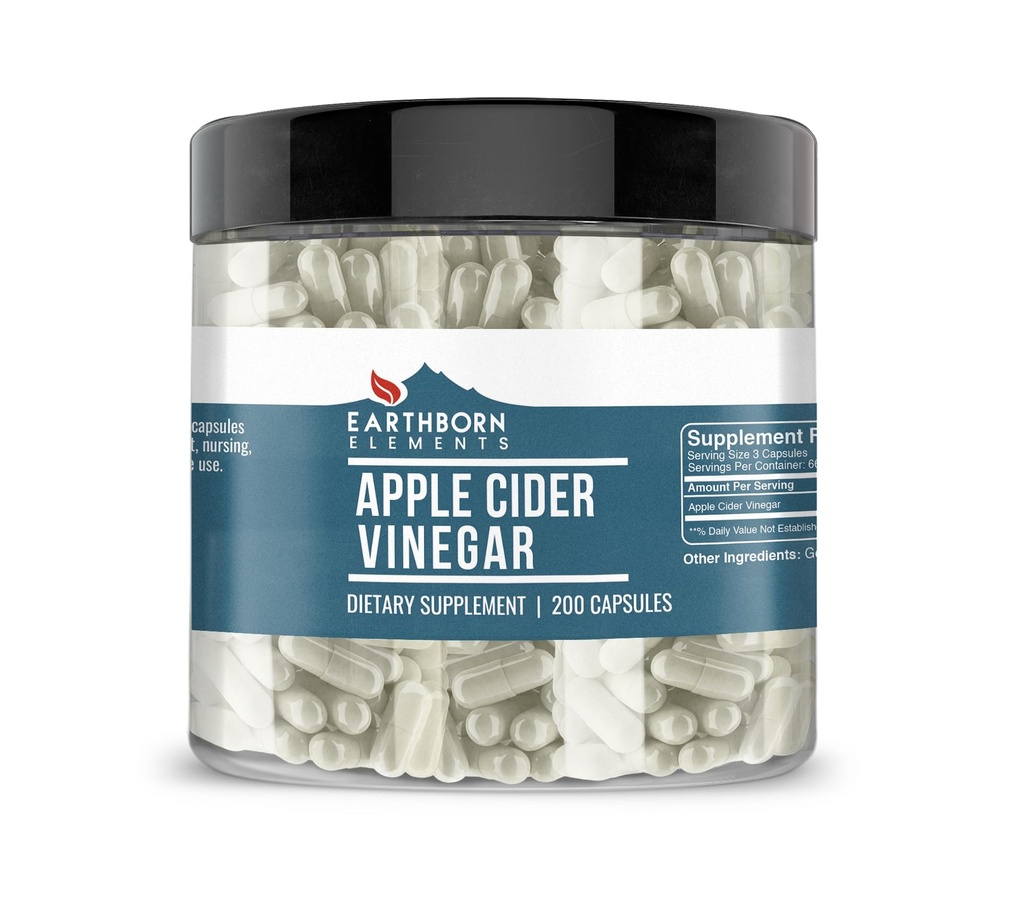 Earthborn Elements Apple Cider Etiķis 200 Kapsulas, tīras un neatšķaidītas, bez piedevām
