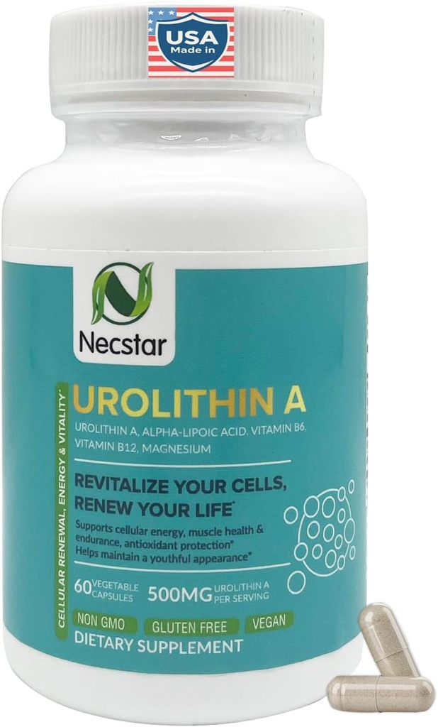 Necstar Urolithin A papildinājums – Celulārā enerģija & Mitohondriālais atbalsts – ar alfa-liposkābi, vitamīns B6, B12 un magnijs – 60 Vegan kapsulas, bez lipekļa
