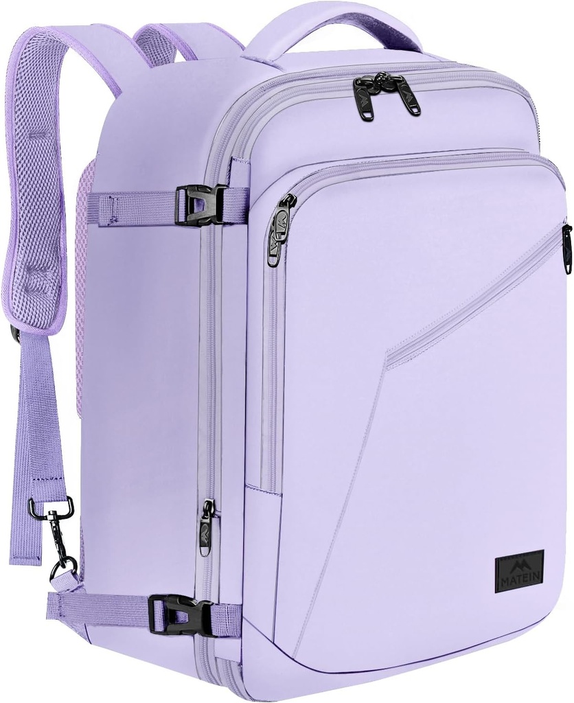 MATEIN Carry on Backpack for Women, 40L Heavy Duty Travel Backpack Lidmašīna apstiprināta, paplašināms Simple Fashion Daypack, Bieži Ceļotāja Dāvanas, Gaišs Purple