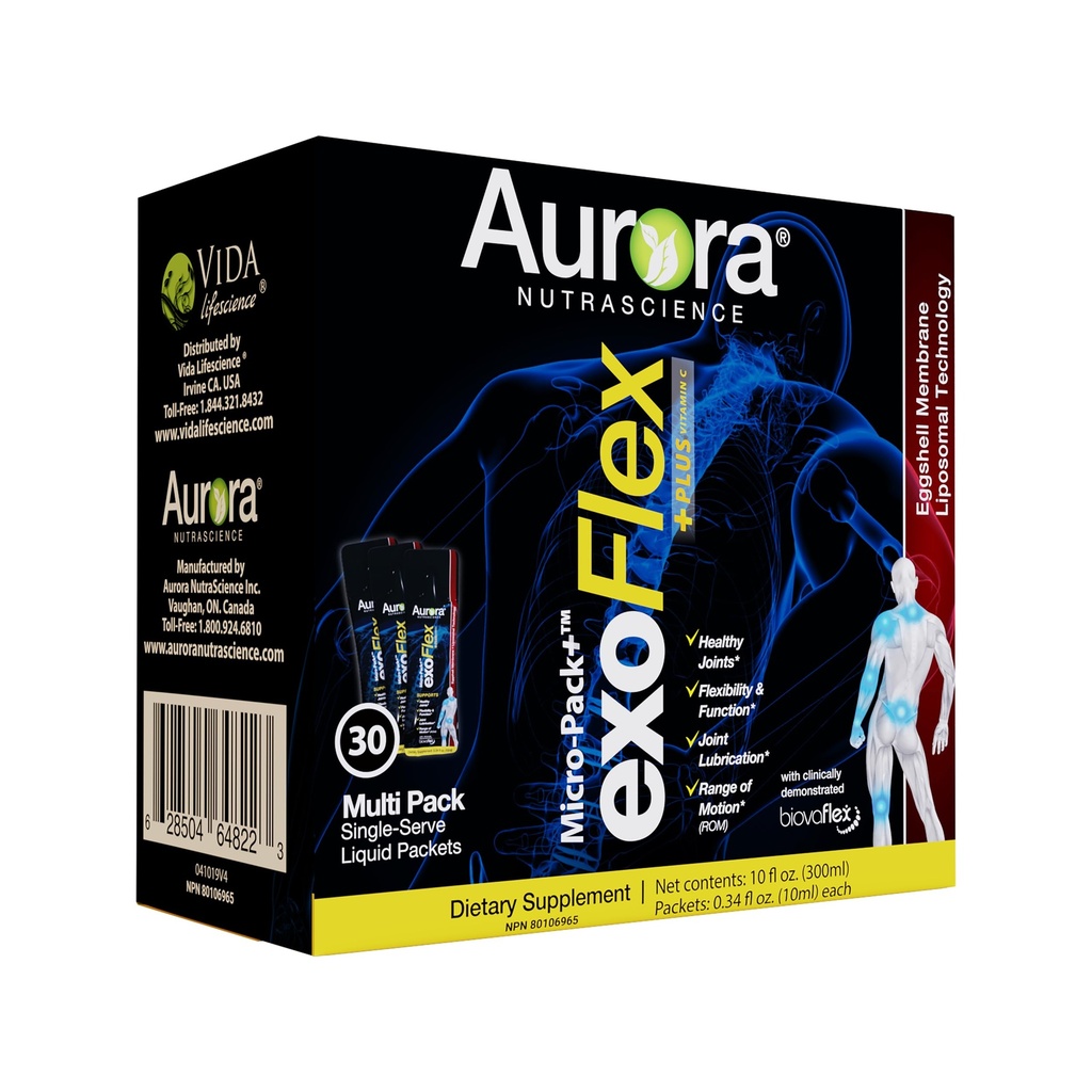 Aurora Nutrascience Micro-Pack Liposomal exoFlex+ ar C vitamīnu, atbalsta locītavu elastību un funkciju, BiovaFlex olu čaumalu Membrane, Curcumin & Boswellia, Strwaberry Flavor, 30 viena serve packets