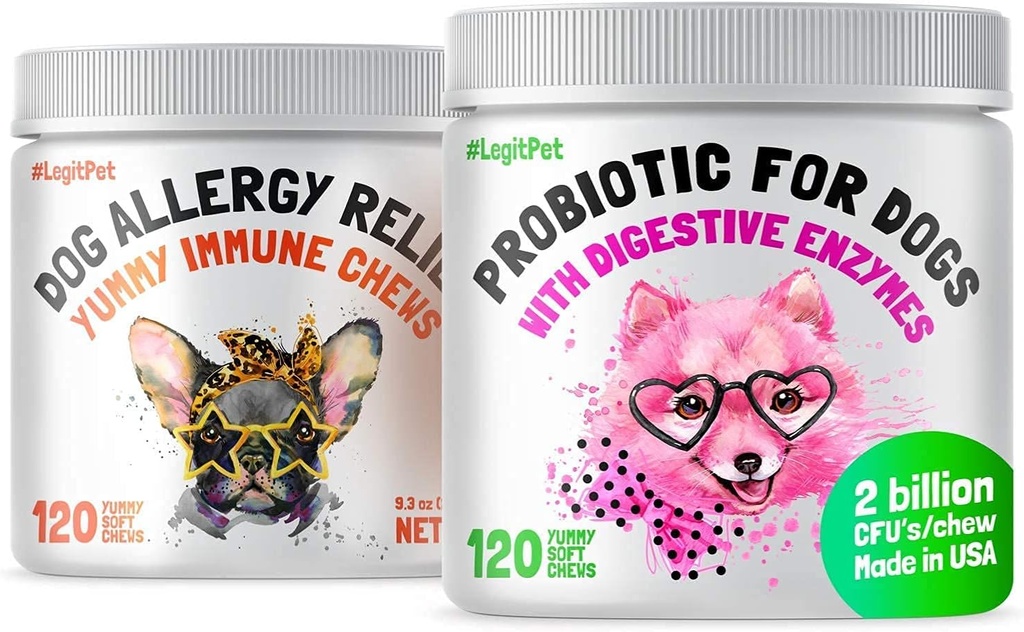 LEGITPET Alergy Relief Chews suņiem un Imūnās Atbalsta ar Kelp, Kolostrum & Bišu Pollen 120 Soft Chews un probiotikas suņiem ar dabas Digestive Enzīmi 120 Soft Chews Bundle - Ražots ASV