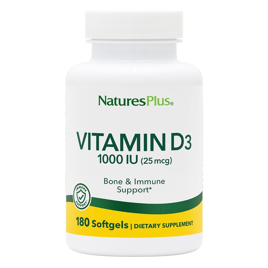 Natures Plus D3 vitamīns (holekalciferols) - 1000 iu, 180 softgels - Uztura atbalsts veselīgiem kauliem un imūnās sistēmas atbalsts - Biopieejamā aktīvā forma - bez lipekļa - 180 Servējumi