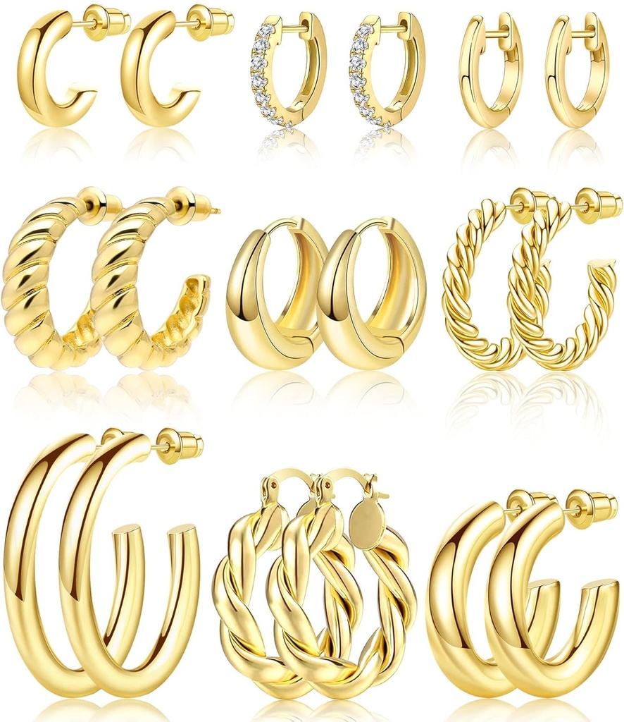 Adoyi 9 Pāri Zelta Hoop Auskari Komplekts sievietēm Twisted Huggie Hoops Auskari 14K 18K Zelts Izklāts meitenēm Valentīna Mātes diena Dzimšanas dienas dāvanas Gaišs
