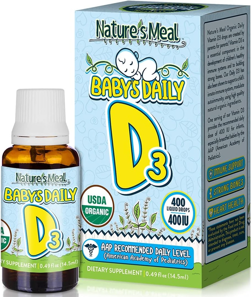 Dabas milti - D vitamīna pilieni zīdaiņiem, D vitamīna pilieni imūnās sistēmas, sirds un kaulu veselībai, šķidrs D vitamīns ar D3 vitamīnu 400 SV uz vienu apkalpojošo, nepārziepjojušo, 14,5 ml