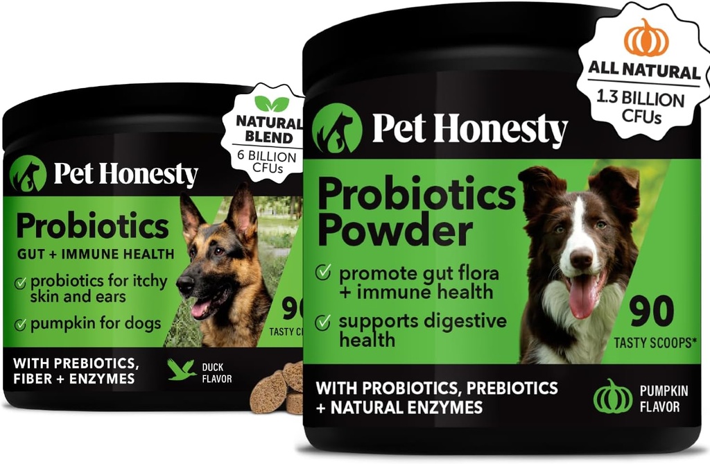 Probiotikas Bandle: suņu probiotikas Caureja & Bougel atbalsts Chews un pulveris ar gremošanas enzīmiem Gut veselības (Duck 90 ct)