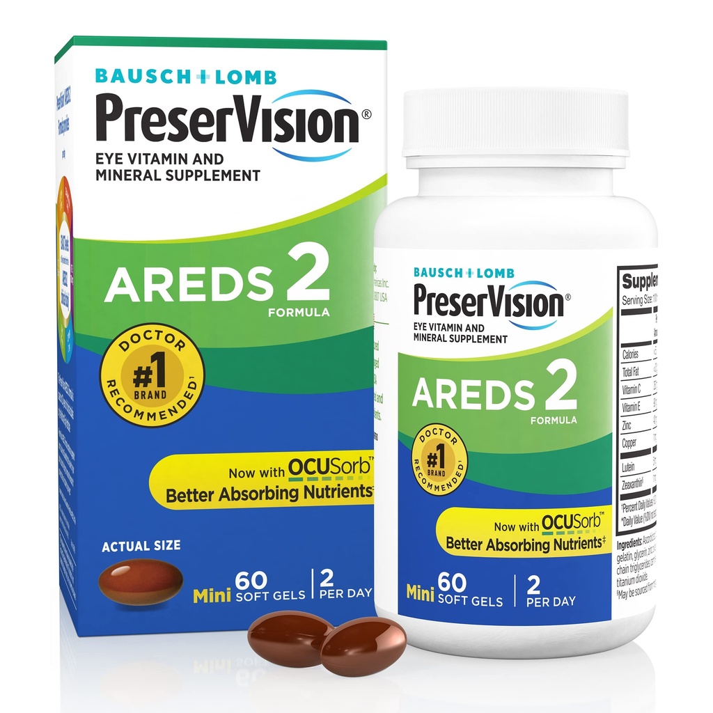 PreserVision AREDS 2 Acu vitamīni, #1 acu ārsts Ieteicamais zīmols, luteīns un Zeaksantīns Papildinājums ar C vitamīnu, E vitamīnu, cinku un varu, 60 softgeli (Minigeli)