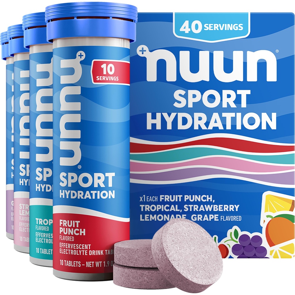 Nuun Sport Elektrolītu tabletes ar magniju, kalciju, kāliju, hlorīdu un nātriju, bez glutēna un vegānu, jauktiem uzlējumiem, 4 iepakojumi (40 Servisi kopā)