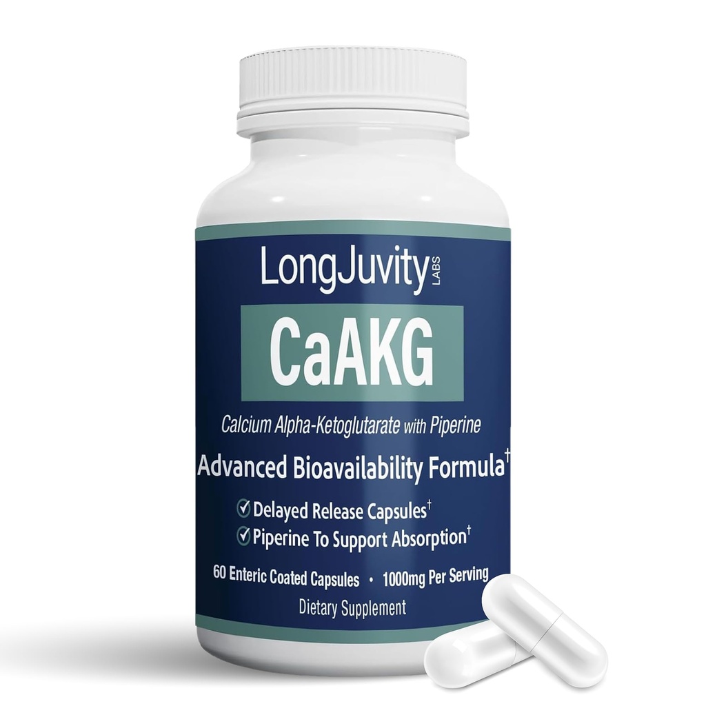 LongJuvity kalcija alfa-ketoglutaāta laika atbrīvošanas AKG papildinājums (1 000 mg uz apkalpo) - Gut Heath, Kaulu veselība, pret novecošanās un ilgstoša - Neatkarīgi laboratorijā pārbaudīts (60 zarnās pārklātas kapsulas)