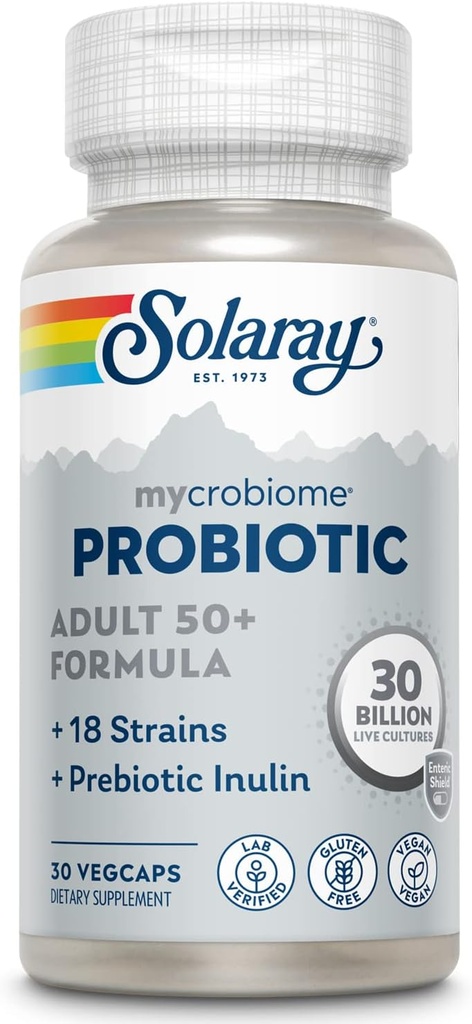 SOLARAY Mycrobiome Probiotic Adult 50 Plus Formula, Probiotikas sievietēm un vīriešiem, Veselīga Gremošana, Metabolisms, Enerģija, Kolonu un urīna traktējumu atbalsts, 30 miljardi KVV, 30 Kalpojumi, 30 VegCaps