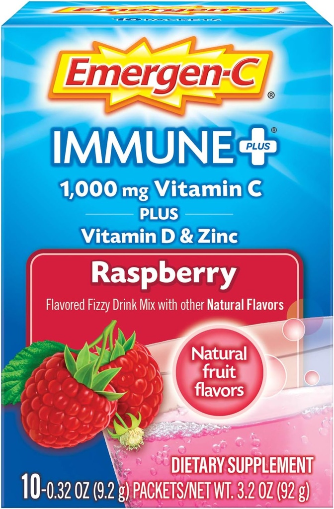 Emergen-C Imūnais+ vitamīns C 1000 mg Pulveris, Plus D vitamīns un cinks (Avenberry Flavor), Imūnais atbalsts Diētiskā uztura papildinājums Dzērienu maisījums, antioksidanti un elektrolīti, 0.32 Ounce (10 iepakojumu)