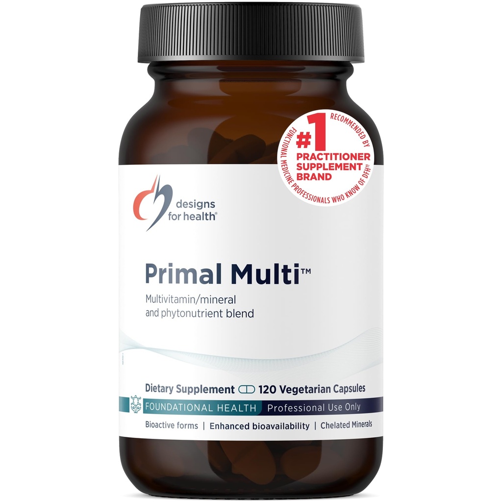 Dizaini veselībai Primal Multi- Paleo-Draudzīgi Multivitamīnu Papildinājums ar Folātu, Tokotrienolu, Luteīnu + Brokoļu sēklu, Imūnsupporta vitamīni D (2000 SV), C + cinks (120 kapsulas)