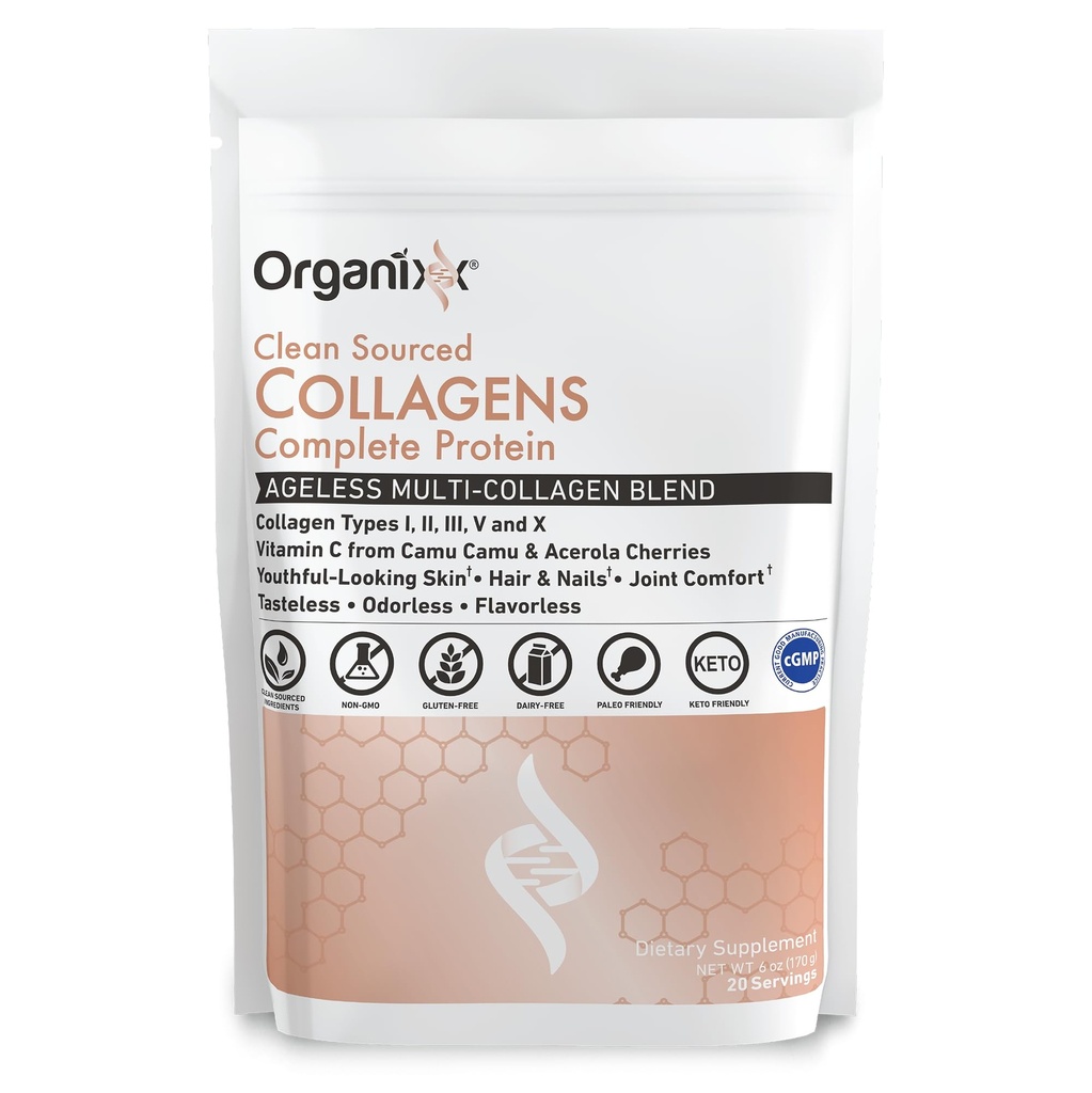 Organixx kolagēna peptīdi Pulveris ar C vitamīnu, I, II, III, V tips, X Hidrolizēts kolagēns, mati, naglas, āda, kaulu un locītavu veselība, novecošanās atbalsts, tīrs, bez lipekļa, bez iekaisuma, 20 Kalpo