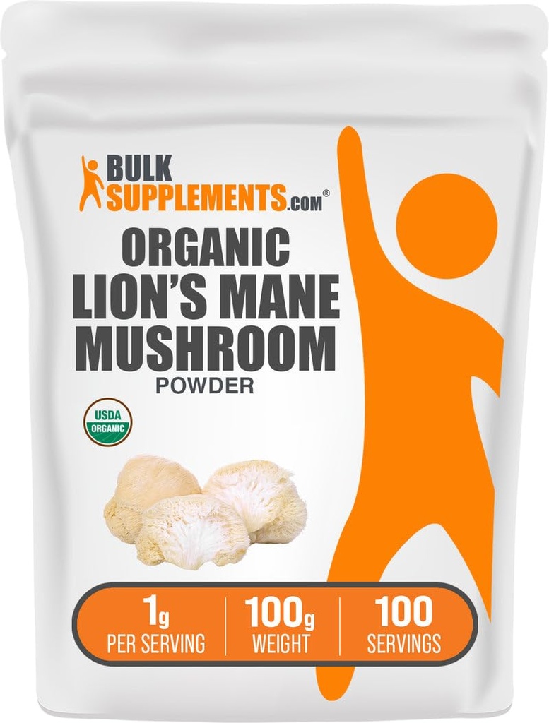 BulkSupplements.com Organic Lions Mane sēņu pulveris - Lions Mane pulveris, Sēņu Papildinājums - Vegan & Gluten Free, 1g per Serving, 100g (3.5 oz) (1. iepakojums)