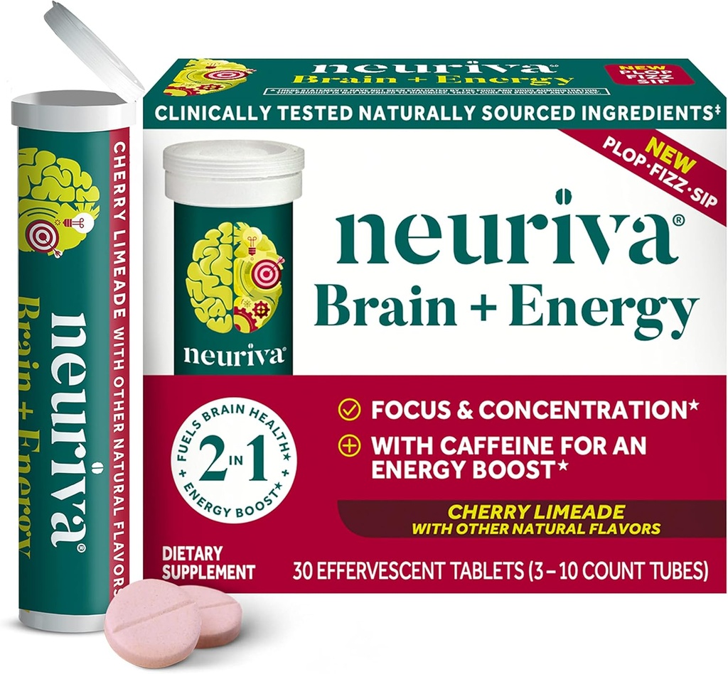 NEURIVA Brain + Enerģijas papildinājums ar klīniski pārbaudītiem neirofaktoriem fokusam un koncentrācijai, vitamīns B12, un 150mg kofeīna tūlītējai enerģijas palielināšanai, 30ct ķiršu limeādes putojošās tabletes