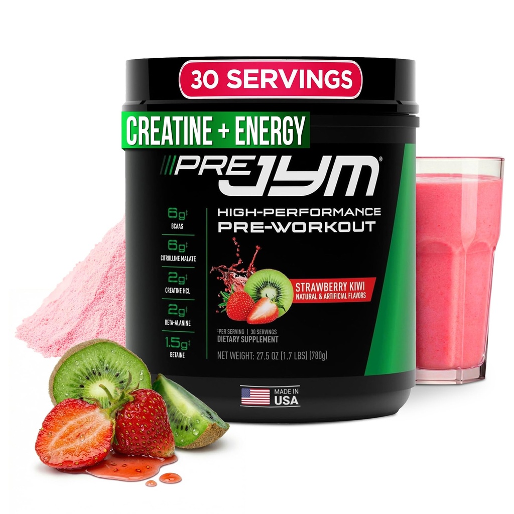 JYM Papildzinātnes Pre JYM Zemeņu Kiwi Pre Workout Pulveris - BCAAs, Nootrops, Kreatīnu HCI, Citrulīns, Beta-Alanīns, Betaīns, Taurīns, Huperzine 30 Servējumi
