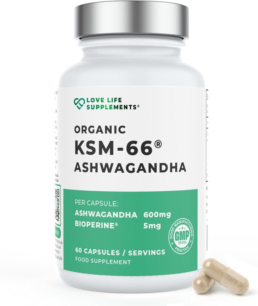 Love Life papildinājumi Organic Ashwagandha KSM-66®, 2 Mēnešu Piedāvājums - 60 Kapsulas, Augsta stipruma 600mg uz kapsulām, 5% Witanolides, Bioperine® pastiprinātai absorbcijai, Nulle Filers, Lab Tested