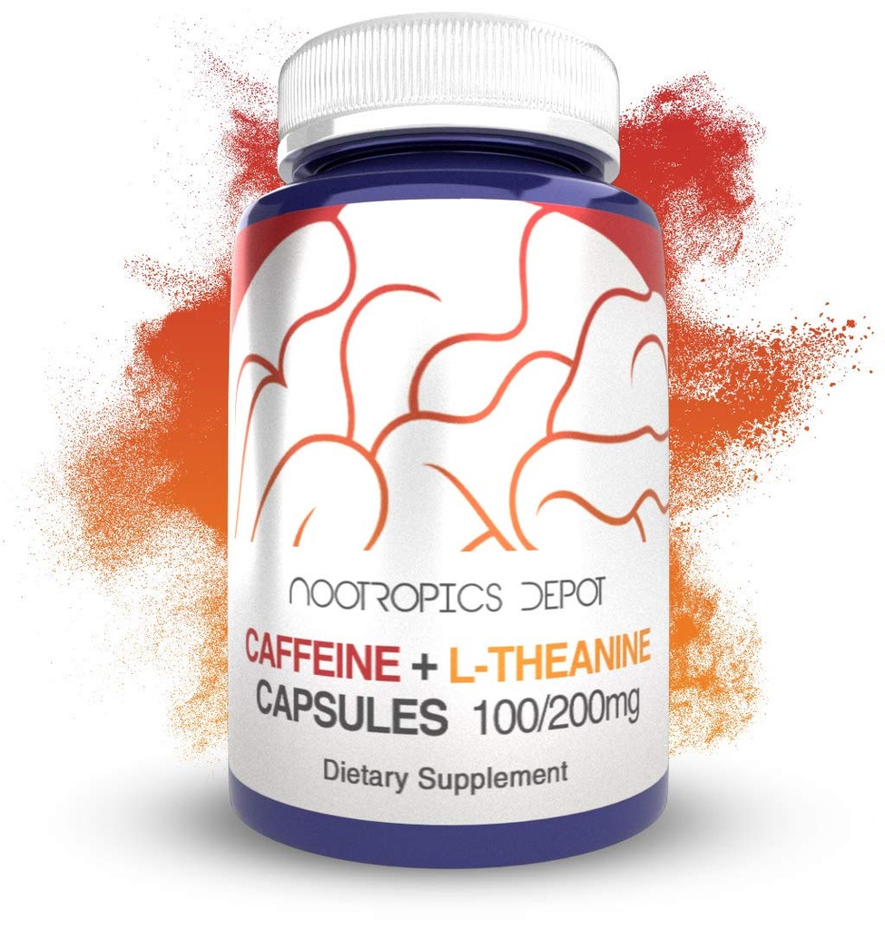 Nootrops Depot Kofeīna un L-Teanīna kapsulas - 60 tabletes - Satur 100mg kofeīna un 200mg L-Teanīna - Natural Papildinājums - Enerģijas pastiprinātājs - Garīgā Focus + trauksmes -- Coffee Alternative