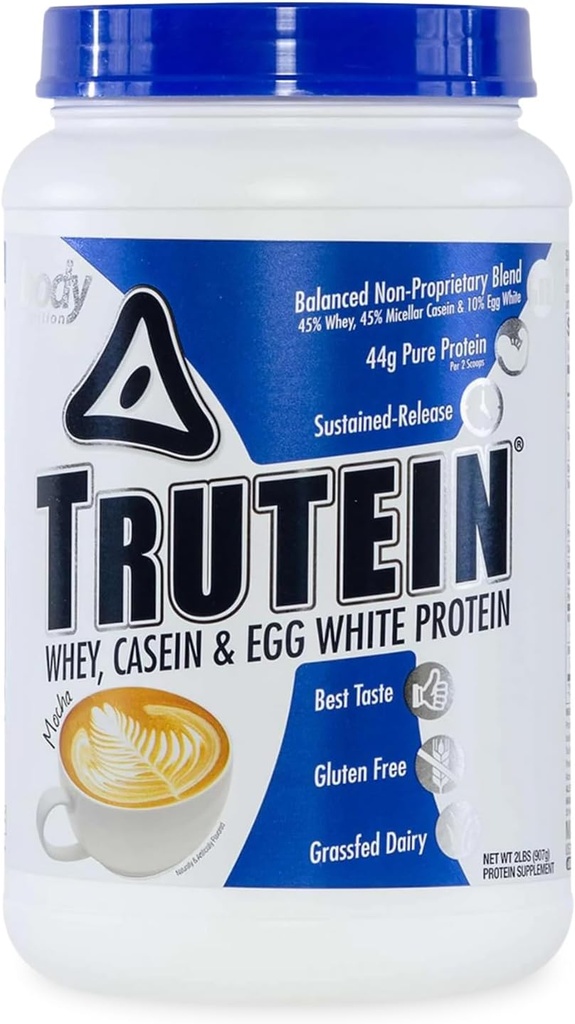 Ķermeņa uzturs Trutein High Protein Pulveris: 45% Sūkalas, 45% Kazeīns, 10% Olbaltas, bez lipekļa, zems nātrija līmenis, zāles kausētu sūkalu olbaltumvielu pulveris, Gym papildinājums un brokastis Shake, Mocha, 2lb
