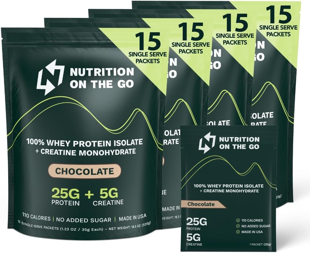 Uzturs uz Go Whey Olbaltumvielas Izolāts Paketes ar kreatīnu – 25g Olbaltumvielas + 5g Kreatīns – viena serve Travel Olbaltumvielu pulveris – Šokolāde (60-iepakojums)