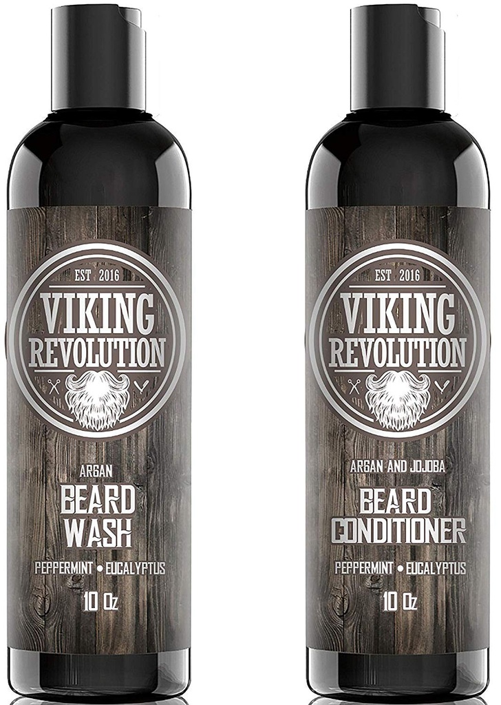 Viking Revolution Beard Shampoo and Conditioner Set - Top-tier Beard Care komplekts ar Argan & Jojoba Eļļas veselīgai bārda augšanai, Nav nieze vai kairinājums, Rich Lather, Eucalyptus Scent (10 oz)