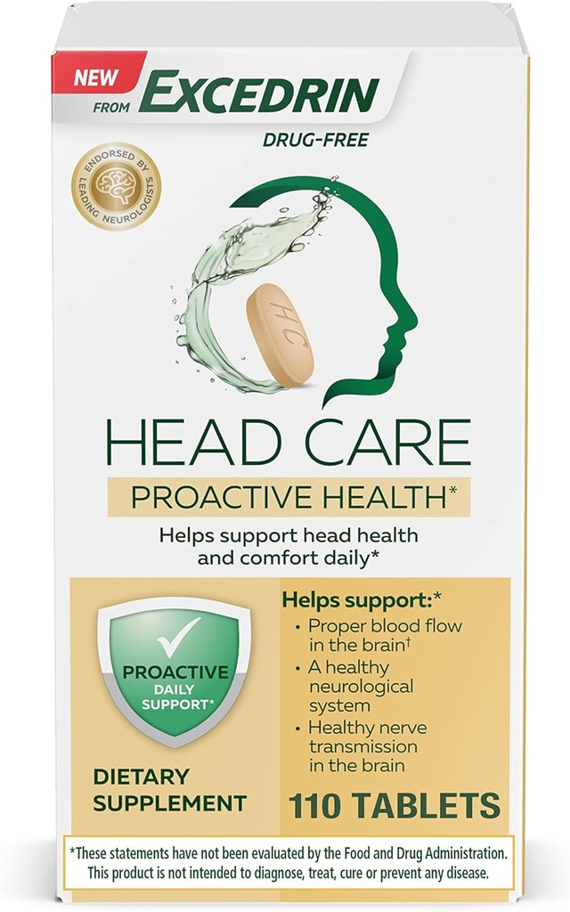 Excedrin Head Care Proaktīva veselība ar magniju, riboflavīnu, vitamīnu B6, folijskābi un vitamīnu B12, uztura papildinājums atbalsta galvas veselību un komfortu dienā – 110 skaits