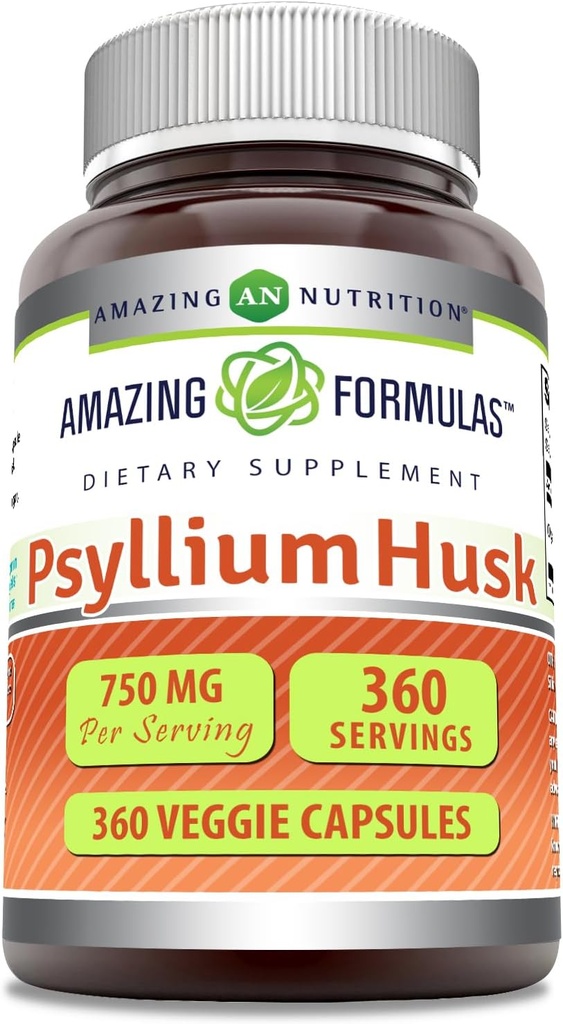 Amazing Formulas Psyllium Husk 750mg Veggie Kapsulas Papildinājums - Non-GMO --- Bez lipekļa - Ražots ASV -- Piemērots veģetāriešiem (360 Skaits)