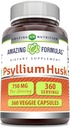 Amazing Formulas Psyllium Husk 750mg Veggie Kapsulas Papildinājums - Non-GMO --- Bez lipekļa - Ražots ASV -- Piemērots veģetāriešiem (360 Skaits)