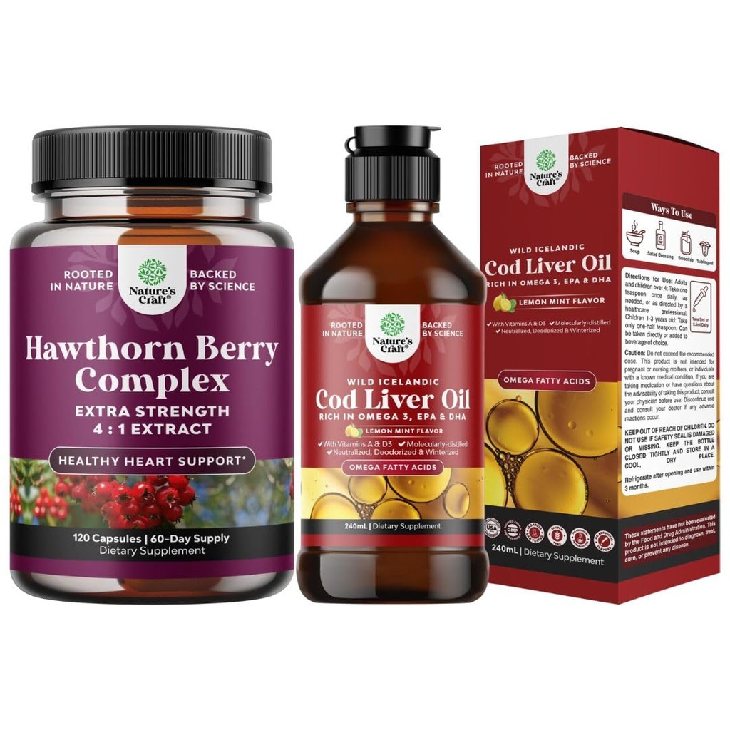 Papildu stipruma bars Hawthorn Berry Capsules Hawthorn ekstrakts Gremošanas un sirds veselības papildinājums un Īslandes mencu aknu eļļa Šķidrā savvaļas ganāmpulks Nordic Omega 3 Zivju eļļa Šķidrums pieaugušajiem un bērniem