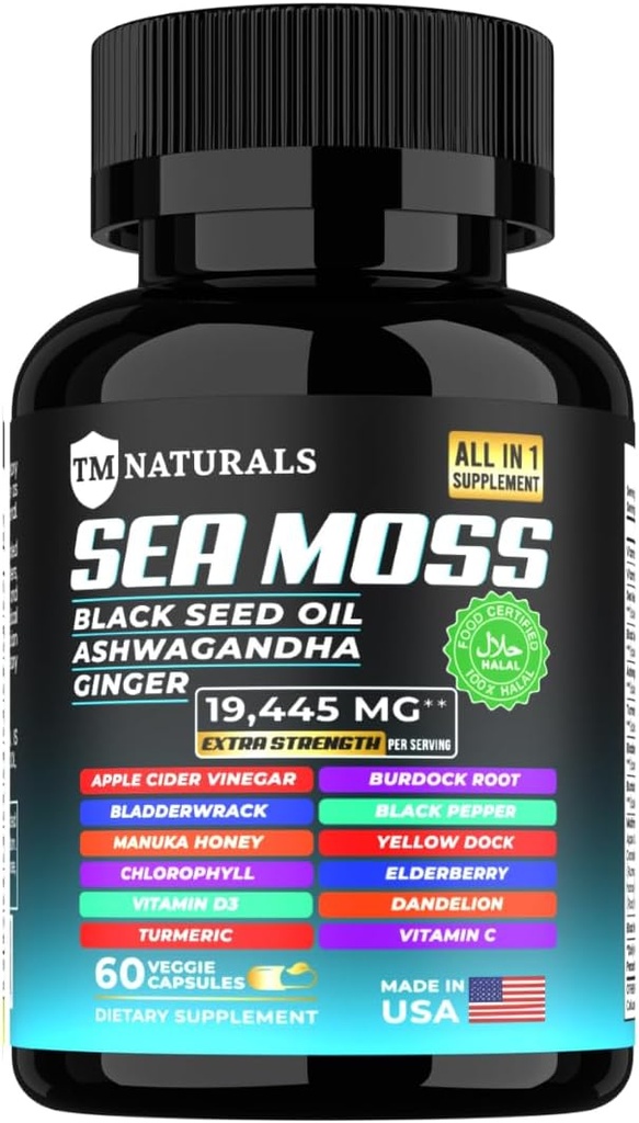 Jūras sūnas ar melno sēklu eļļu, C vitamīnu, ašvagandu un turmeriku imūnās sistēmas atbalstam un enerģijai - 60 Vegan kapsulas + bezmaksas Pill kaste