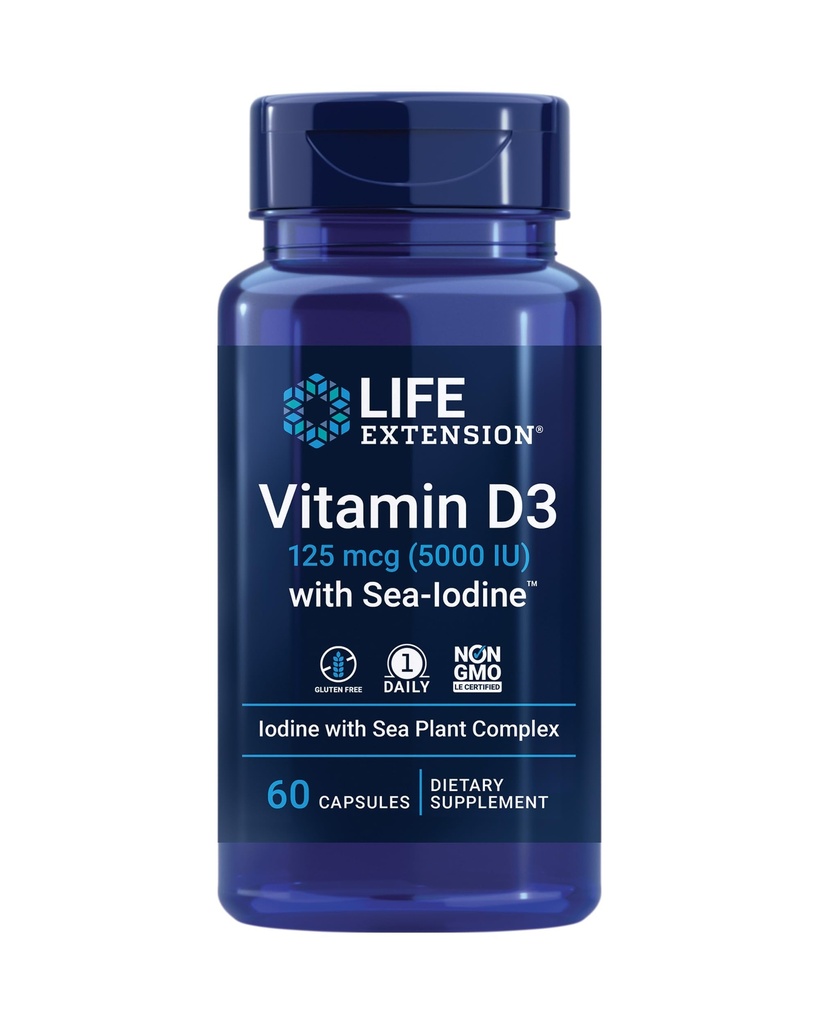 D3 vitamīns ar jūras joduTM, 125 μg (5000 SV) – imūnsupport, kaulu veselība, vairogdziedzera veselība – 1 diena, bez lipekļa, ne-GMO – 60 kapsulas