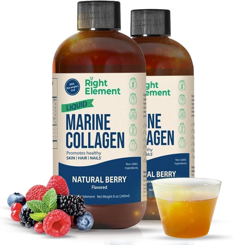 Liquid Marine Collagen ; savvaļas capt Cod - hidrolizēts Keratin Peptide, Hyaluronic Acid & Biotin - Veselīgi mati, āda un nagus - Ražots ASV - Natural Berry, 8.00 Fl Oz (2-Pack)