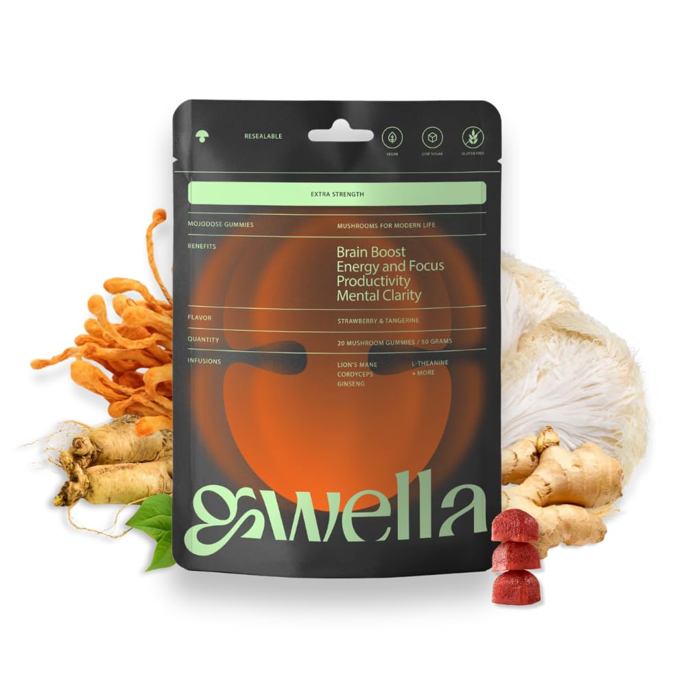 Gwela Focus Gummies with Lion’s Mane, Panax Ginseng, Ingver Root, Cordyceps, SAM-e, un Nootrops, Enerģijas un Focus pielikums, Vegan, zemeņu Tangerine (20 Count - Pack of 1)