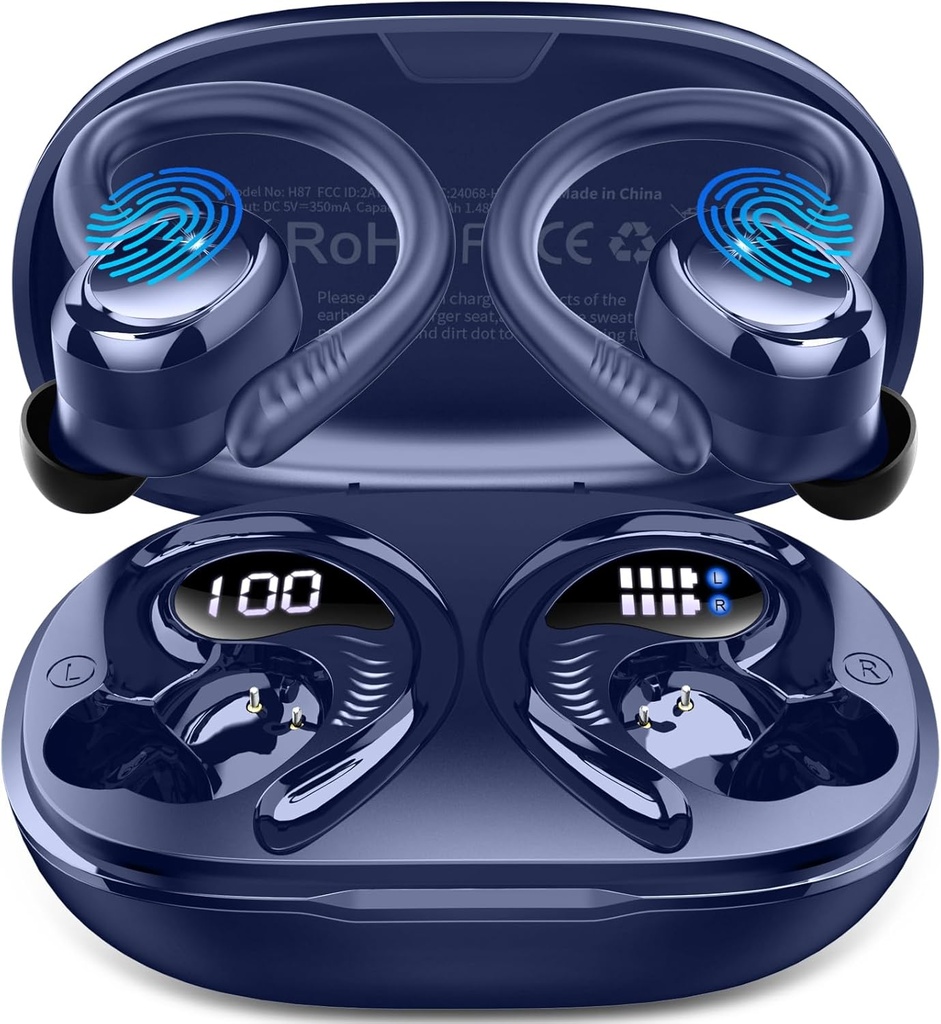 Bezvadu Earbuds Sport, 2025 Bluetooth 5.4 Austiņas ar earhooks, 50H Stereo Deep Bass Over Ausu Buds ar 4 ENC Troksnis Atceļ Mics, IP7 Ūdensnecaurlaidīgi Ausu austiņas skriešanas Workout Gym -Blue