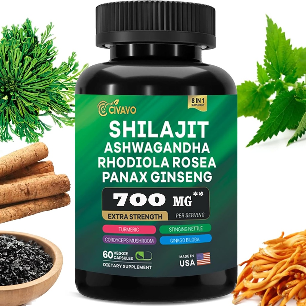 Shilajit Pure Himalayan 9000MG, Ashwagandha 2000MG, Rhodiola Rosea 1000MG, Panax Ginseng 1500MG, Turmeric 500MG, Gingko Biloba 500MG, Sting Nettle 250MG, Cordyceps Mushroom 500MG