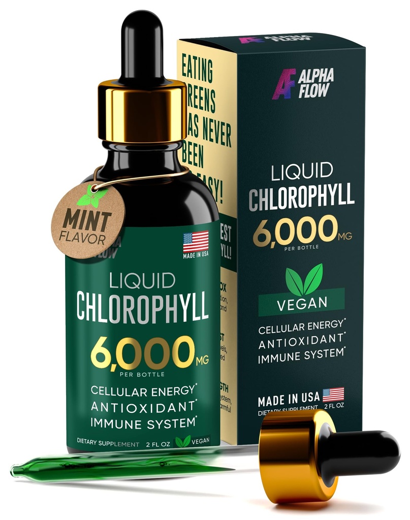 Hlorofila šķidruma pilieni 6000 mg - Premium šķidrā hlorofila papildinājums - All-in-one antioksidants imūnai terapijai, enerģijas palielināšanai, gremošanas atbalstam un ātrai detoksēšanai - ne-GMO, Vegan