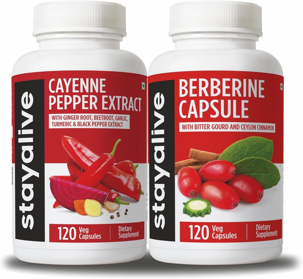 STAY ALIVE Cayenne un Berberine Bundle ar Ceylon Cinnamon un rūgto gurd ekstraktu, 240 Vegan Pills, Non-GMO & Gluten Bezmaksas Berberine Cayenne Piparu papildinājums